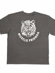 Oversized gray t-shirt with white distressed tiger graphic and text.
