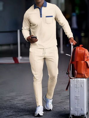 Men's beige textured lounge set with blue collar and pocket detail, drawstring pants.