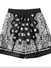 Black bandana print sport shorts with metallic trim and drawstring waist.