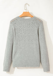 Gray lace-effect knit button-down cardigan with chevron pattern detail.