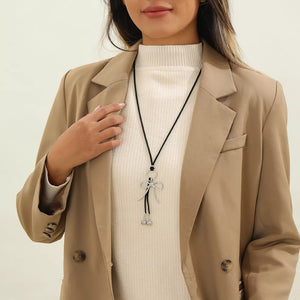 Elegant Bow Pendant Faux Leather Necklace in Silver, side view