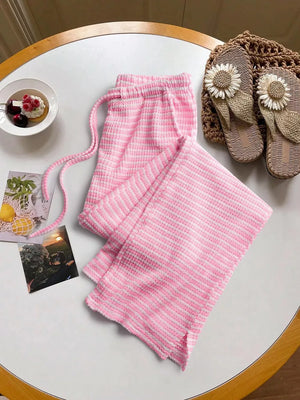 Pink striped maternity wide leg pants with drawstring waist