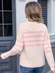 Bow-Embellished Striped Knit Pullover in Watermelon Pink with pink stripes. Casual acrylic sweater.