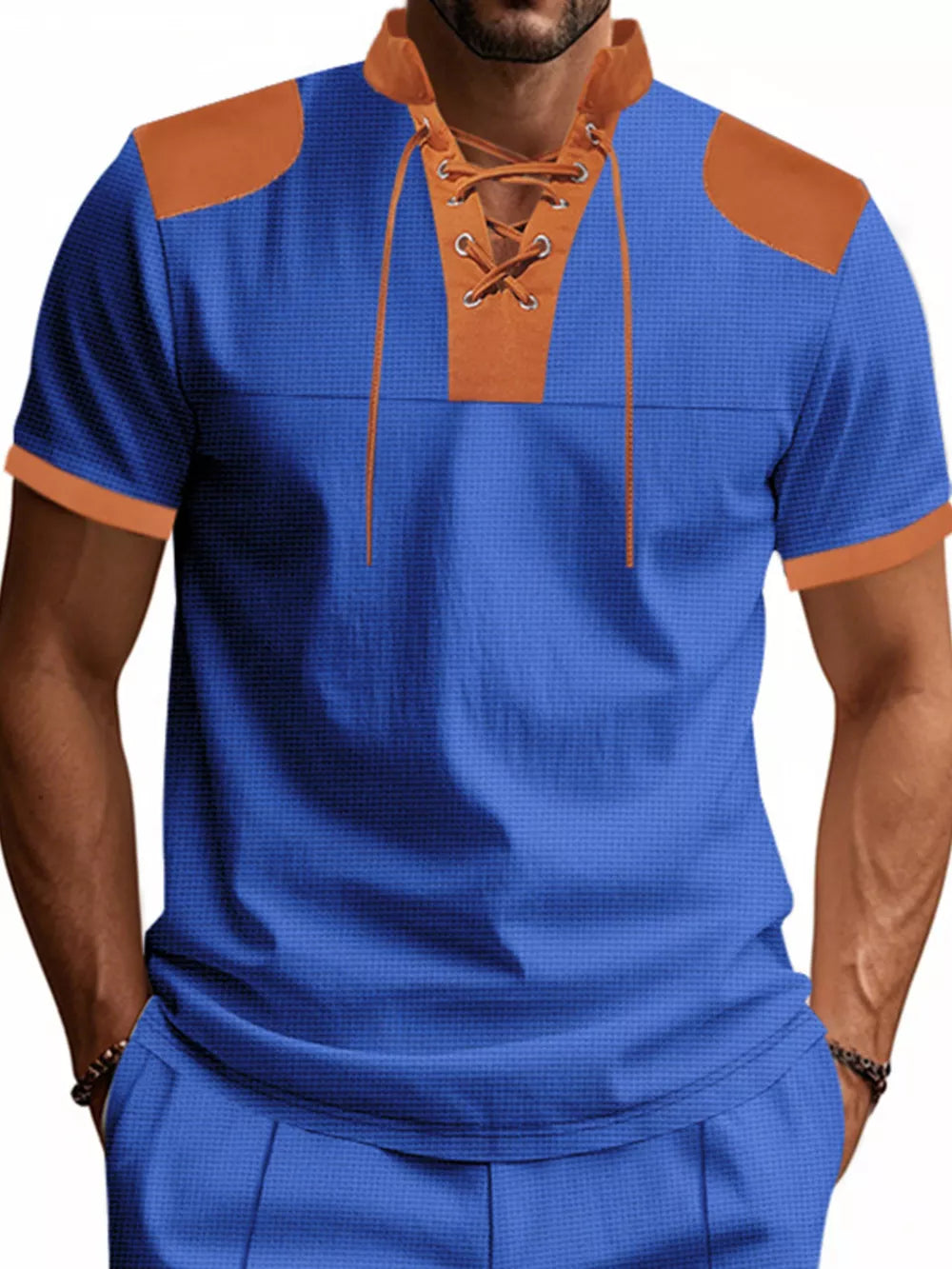 Men's sapphire blue short sleeve tee with lace-up neckline and contrast tan details.