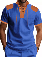 Men's sapphire blue short sleeve tee with lace-up neckline and contrast tan details.