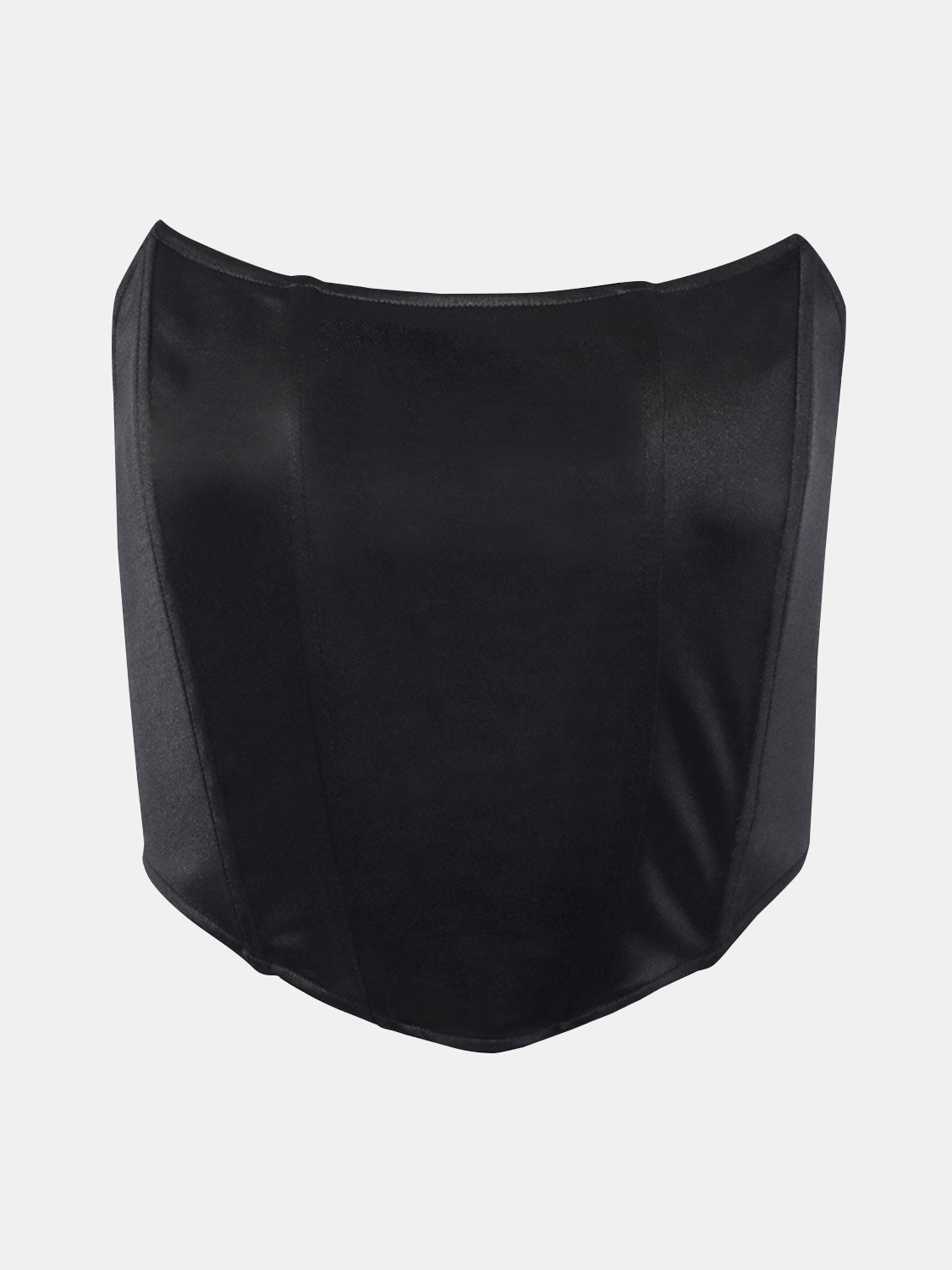 Black structured corset crop top with a satin finish and curved neckline.