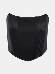 Black structured corset crop top with a satin finish and curved neckline.