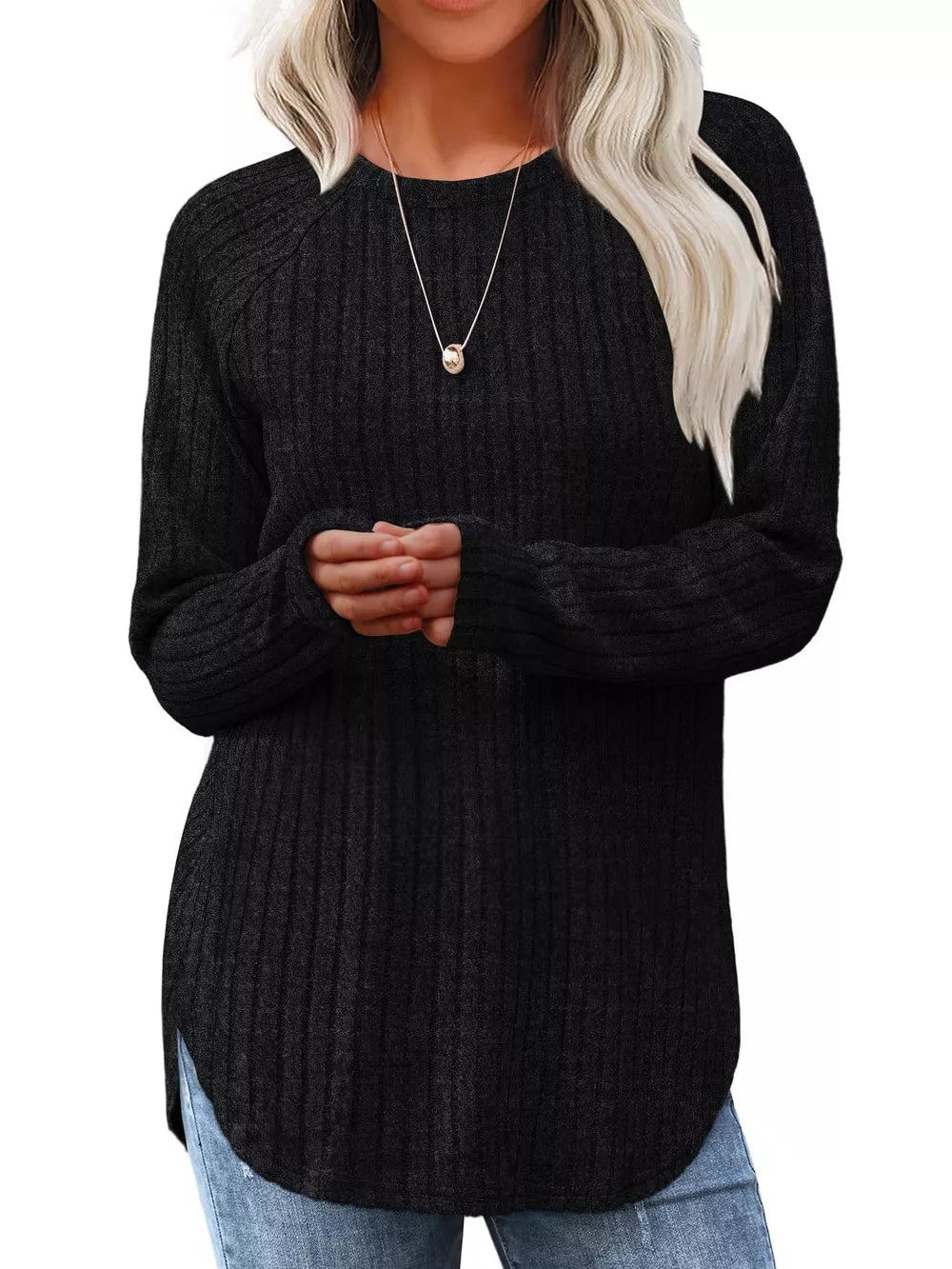 Black ribbed knit long sleeve maternity t-shirt with crew neck and curved hem