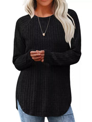 Black ribbed knit long sleeve maternity t-shirt with crew neck and curved hem