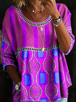 Bohemian maternity t-shirt with floral and stripe print in purple and blue, openwork detail.