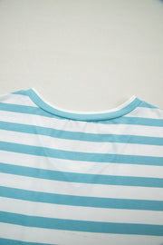 Striped teal and white V-neck t-shirt with elastane for comfort.