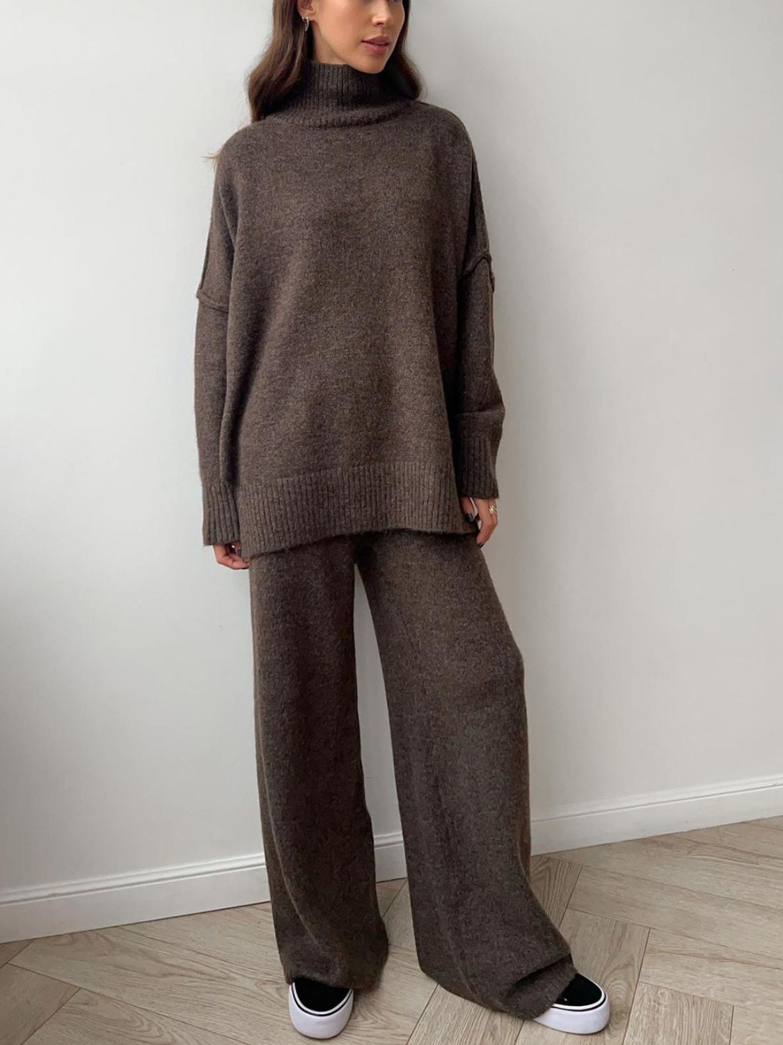 Oversized turtleneck lounge knit set in coffee brown acrylic with wide leg pants.