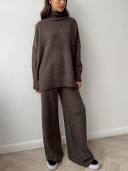 Oversized turtleneck lounge knit set in coffee brown acrylic with wide leg pants.