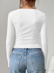 White ribbed long sleeve top with square neckline, shown from the back.
