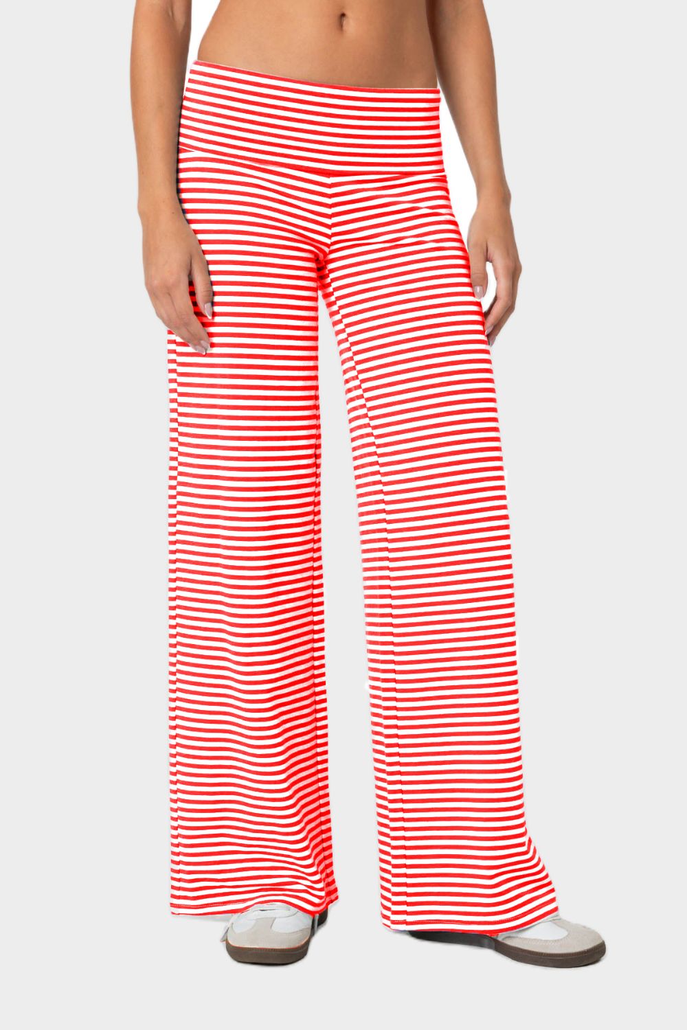 Red and white striped palazzo pants with a wide leg