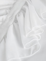 White ruffled flounce sleeve blouse with button detail and airy chiffon fabric.