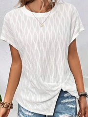 White textured tee with short sleeves and asymmetric knot-front detail