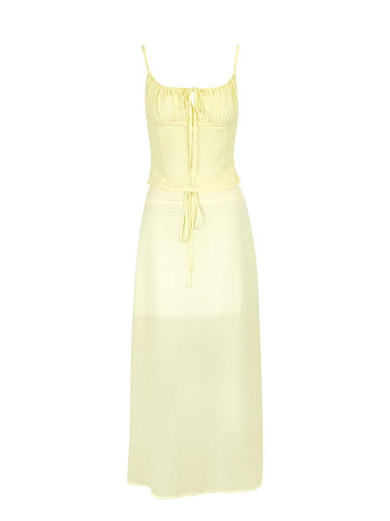 Apricot cami set with tie-front detail and a maxi skirt.