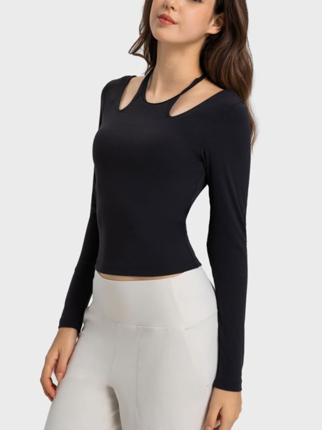 Black ribbed long sleeve sport top with cutout shoulders
