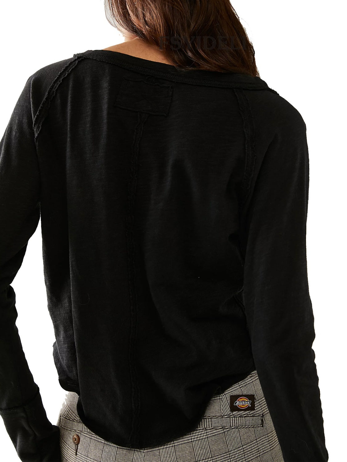 Black long sleeve tee with distressed seams and a slouchy fit.