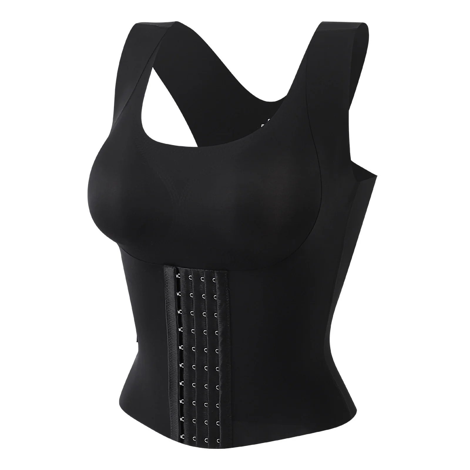 Black sculpting bodice tank top with hook-and-eye closure detail