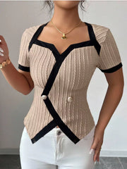 Khaki t-shirt with asymmetrical contrast trim and buttons, square neckline, short sleeves.