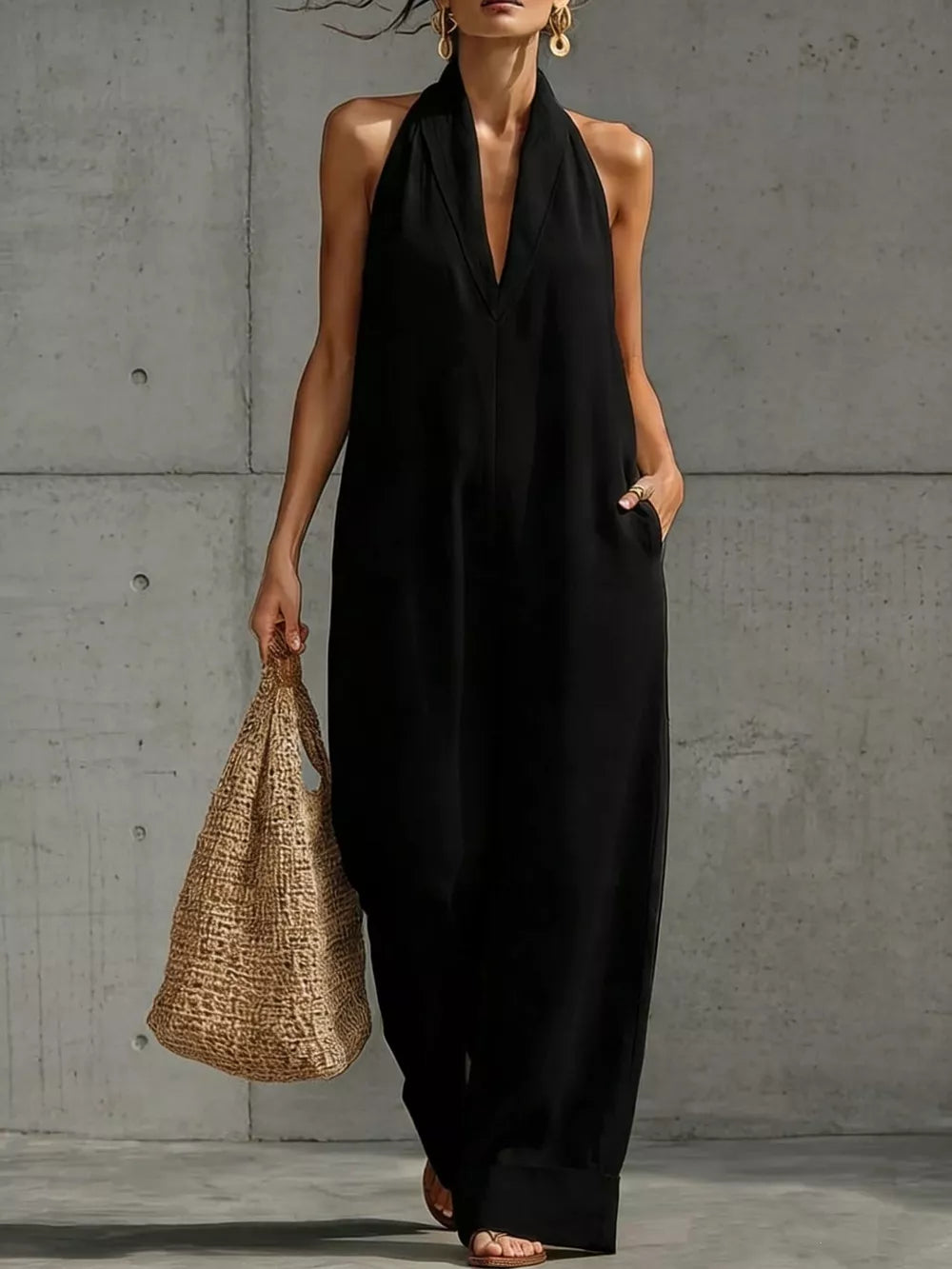 Full Size Halter Neck Wide-leg Jumpsuit Plus Size, close-up detail