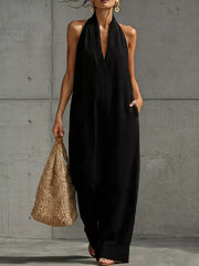 Full Size Halter Neck Wide-leg Jumpsuit Plus Size, close-up detail
