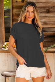 Dark gray ribbed tee with rolled sleeves and crew neck, styled with white shorts.