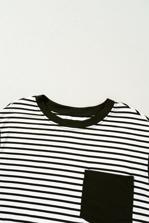 Black and white striped t-shirt with a black chest pocket and crew neck.