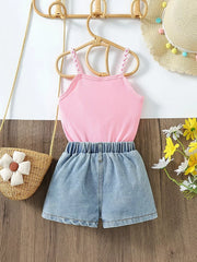 Pink ribbed cami with floral straps and denim shorts set for toddlers.