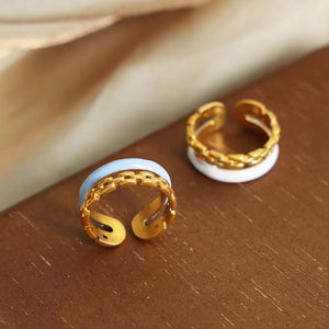 Gold chain link open ring with light blue enamel detail