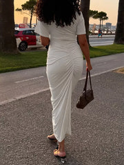 Ruched Short Sleeve Maxi Dress in Apricot, back view