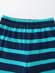 Toddler striped shorts with elastic waistband in navy and teal cotton.