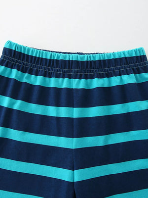 Toddler striped shorts with elastic waistband in navy and teal cotton.