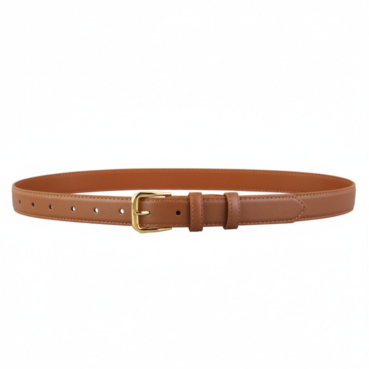 Brown cowhide leather belt with gold buckle and adjustable holes
