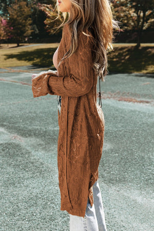 Brown openwork maxi cardigan in acrylic with long sleeves and a relaxed fit.