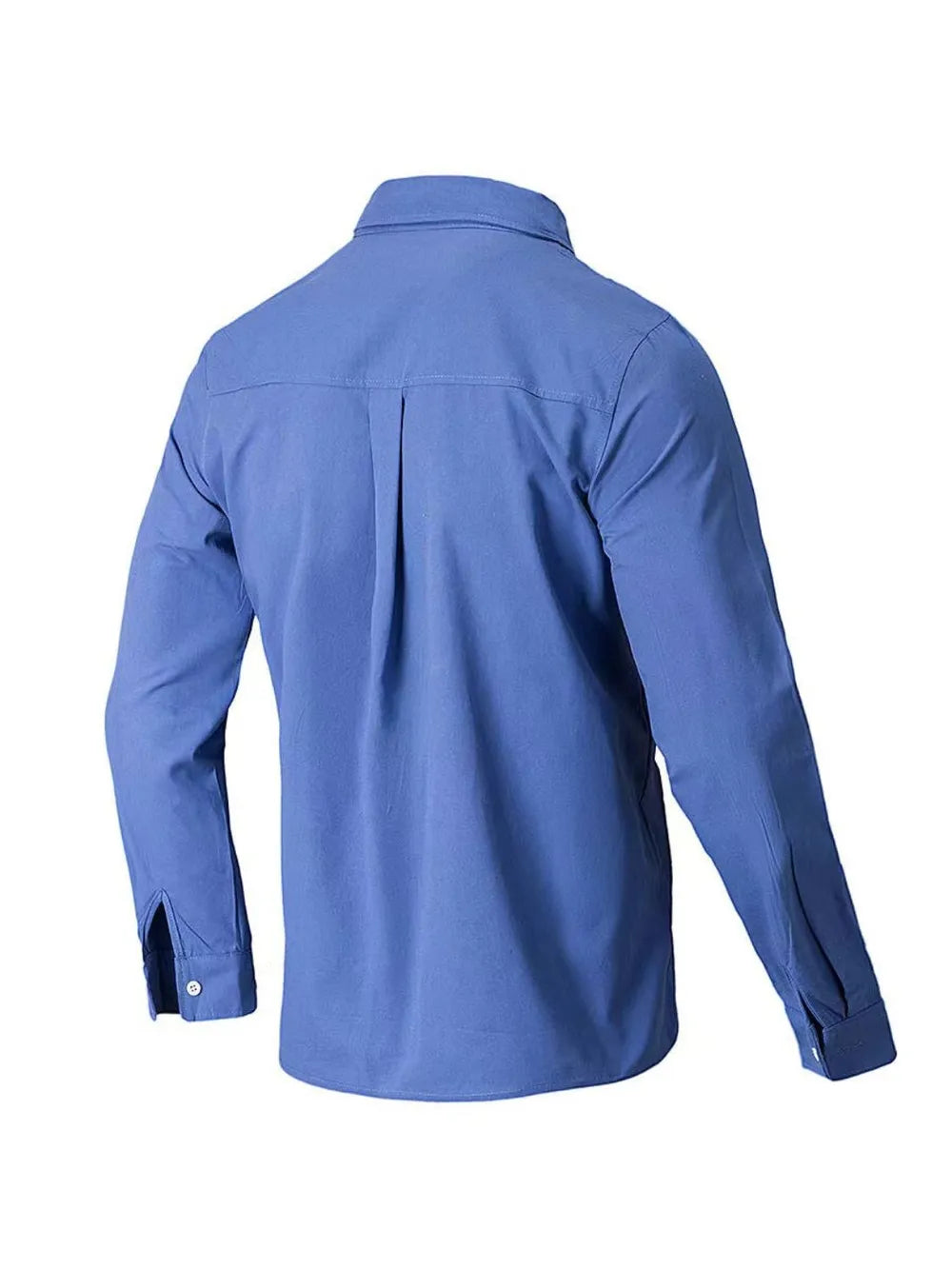 Blue Oxford button-down shirt with relaxed fit, long sleeves, and back pleats.