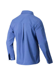 Blue Oxford button-down shirt with relaxed fit, long sleeves, and back pleats.