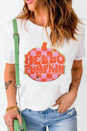 White graphic tee with "Hello Pumpkin" text on a checkered pumpkin, short sleeves, crew neck