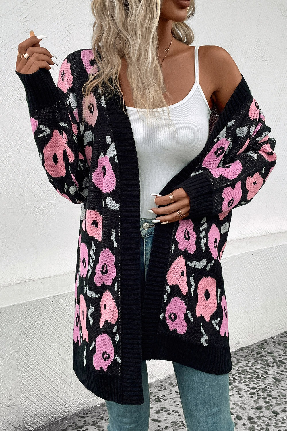 Black floral jacquard longline knit cardigan with ribbed cuffs and hem