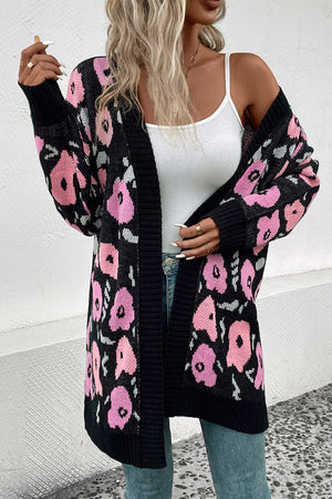 Black floral jacquard longline knit cardigan with ribbed cuffs and hem