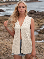 Beige openwork button-down knit vest with V-neck and diamond pattern.