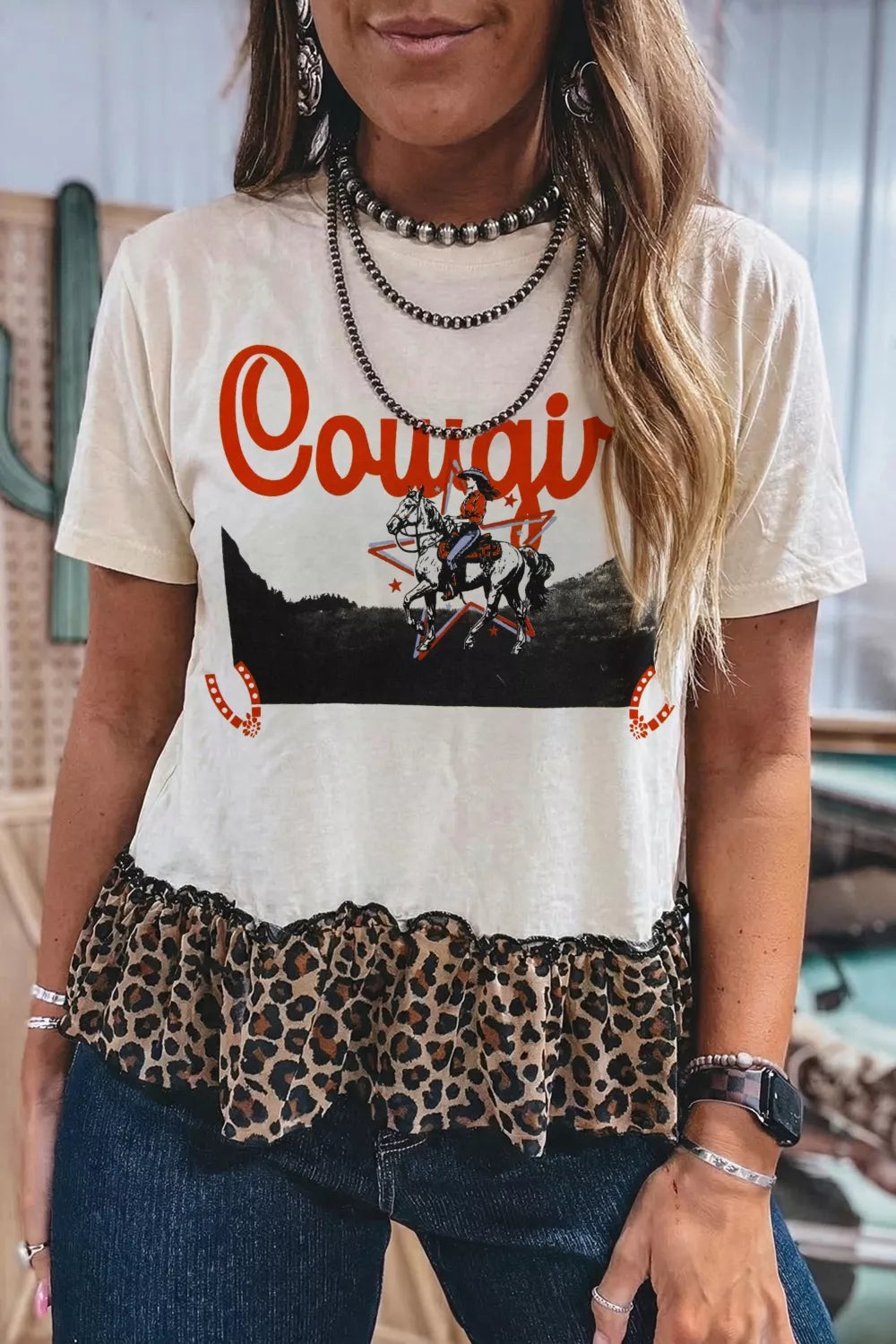 Cowgirl graphic tee with ruffled leopard hem