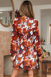 Floral wrap mini dress with puff sleeves in autumn floral print.