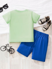 Children's light green cotton round-neck tee and blue shorts outfit