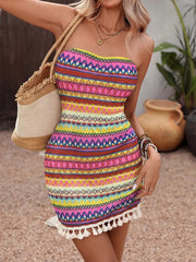 Geometric tassel hem bodycon dress with colorful knit pattern and strapless neckline