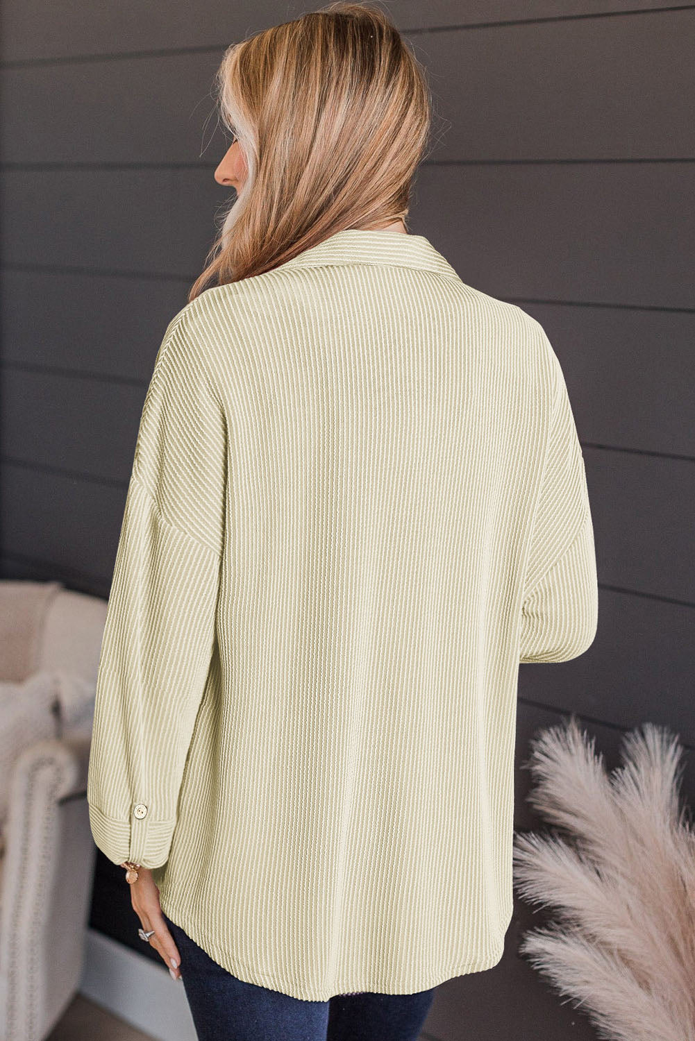 Textured stripe oversized overshirt in Ivory with button cuff sleeves.