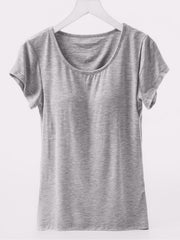Gray short sleeve t-shirt with scoop neck and built-in bralette