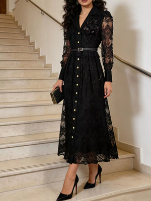 Black lace midi dress with collared neckline, button placket, and belted waist.